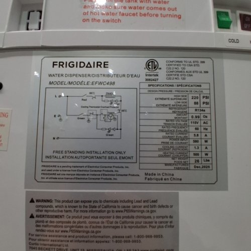 FRIGIDAIRE TOP-LOAD HOT & COLD WATER COOLER/DISPENSER - FITS 3-5 GALLON BOTTLES - WHITE (MODEL: EFWC498) image 8