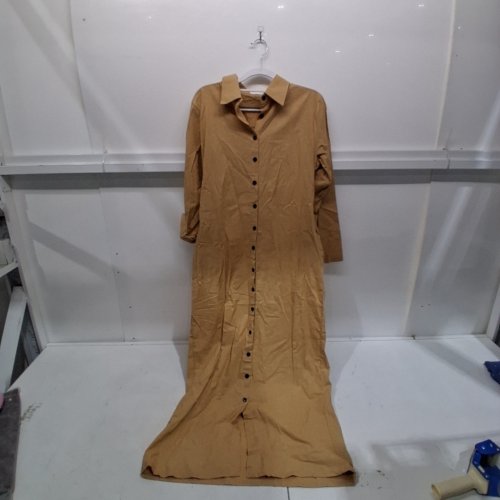 WOMENS COTTON LINEN BUTTON DOWN V NECK DRESS - SMALL - KHAKI image 2