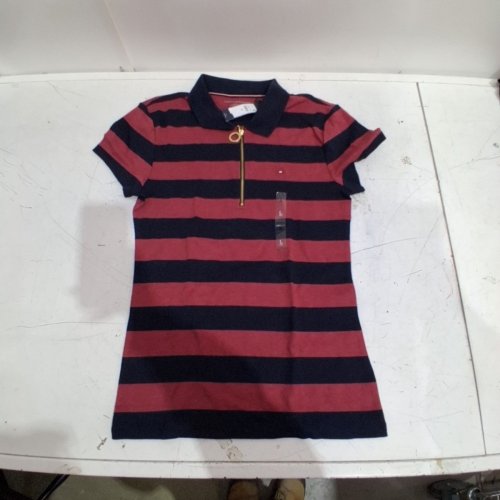 WOMEN'S TOMMY HILFIGER SLIM FIT STRIPED ZIP-FRONT POLO SHIRT - LARGE - RED / NAVY (STYLE : IN01716911) image 2
