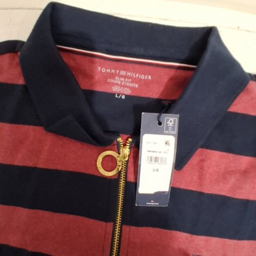 WOMEN'S TOMMY HILFIGER SLIM FIT STRIPED ZIP-FRONT POLO SHIRT - LARGE - RED / NAVY (STYLE : IN01716911) image 3