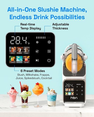 HBN NO ICE NEEDED SLUSHIE FROZEN DRINK MAKER MACHINE WITH 6 PRESET FUNCTIONS - 88 OZ - 220W, 110-120 V - WHITE (MODEL: CP-UBS-800/SM-800) image 2