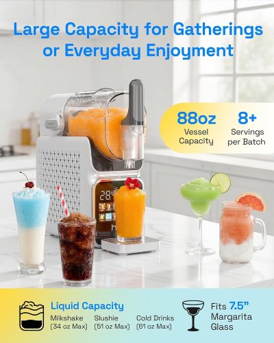 HBN NO ICE NEEDED SLUSHIE FROZEN DRINK MAKER MACHINE WITH 6 PRESET FUNCTIONS - 88 OZ - 220W, 110-120 V - WHITE (MODEL: CP-UBS-800/SM-800) image 3