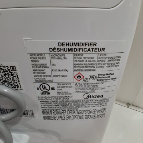 MIDEA ENERGY STAR CERTIFIED DEHUMIDIFIER WITH REUSABLE AIR FILTER AND APP CONTROL - 4,500 SQ.FT - 23.6L - WHITE (MODEL: MAD50C1AWS-A) image 3