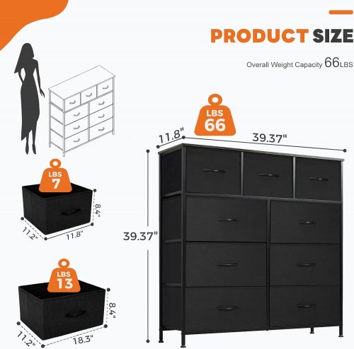 9 FABRIC DRAWER DRESSER WITH WOOD TOP - BLACK (MODEL:CAB-9BCV2-BK) image 2