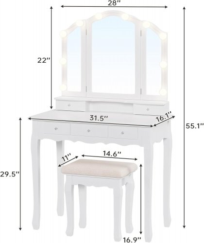 TIPTIPER TRI-FOLDING VANITY MIRROR MAKEUP TABLE - 31.5" X 55.1" X 28" - LIGHT BROIWN (MODEL: AJ-DJ486101) image 2