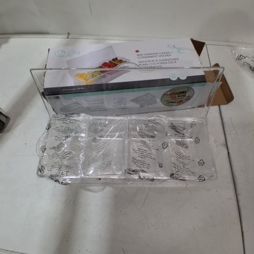 OUTSET CLEAR BAR GARNISH CADDY AND CONDIMENT TRAY WITH ICE CHAMBER - 4 REMOVABLE TRAYS - 6.5” X 16.25” X 5” - CLEAR image 2