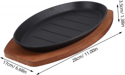5PK CREATIVE BAKING PAN GRILL SERVING PLATE IRON WITH WOODEN BASE - BLACK / BROWN image 2