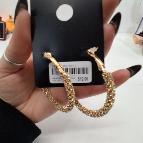 WOMENS LOCK THE LABEL LARGE RHINESTONE HOOP EARRINGS - 50 MM- GOLD TONE image 2