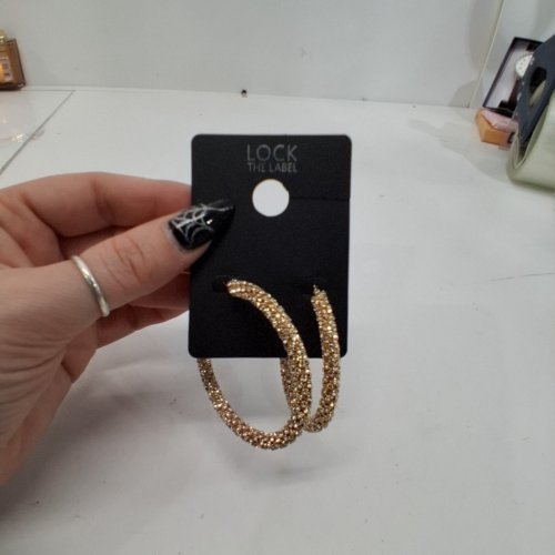 WOMENS LOCK THE LABEL LARGE RHINESTONE HOOP EARRINGS - 50 MM- GOLD TONE image 4