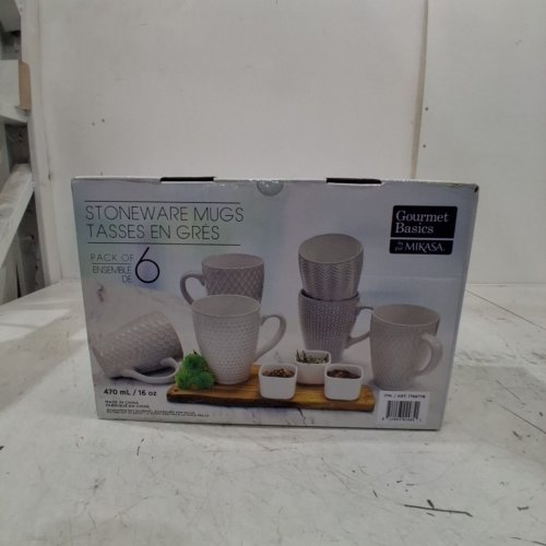 6PK GOURMET BASICS STONEWARE MUGS - 16OZ - WHITE PATTERNED - (MODEL: 1786778) image 2