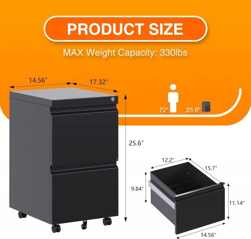 AOBABO METAL MOBILE FILING CABINET WITH 2 DRAWERS - BLACK (MODEL: THZMJ-005B) image 2