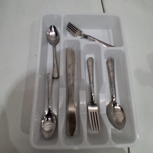 49PC MAINSTAYS STAINLESS STEEL SWIRL FLATWARE SET WITH ORGANIZER -SILVER/WHITE (MODEL:MS-S3-6233) image 2