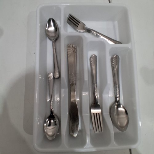 49PC MAINSTAYS STAINLESS STEEL SWIRL FLATWARE SET WITH ORGANIZER -SILVER/WHITE (MODEL:MS-S3-6233) image 3