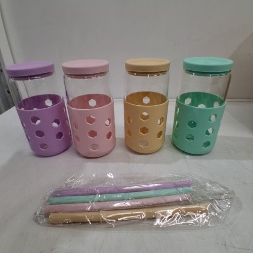 4PC MRSDRY DRINKING GLASSES WITH LIDS AND REUSABLE STRAWS - 16OZ - ASSORTED COLOURS (STYLE: MRS-DJ-16-CA) image 3