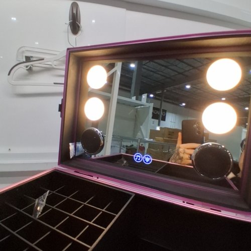 ROLLING TRAVEL MANICURE MAKEUP 3 DRAWER TRUNK CASE WITH FOLDING TABLE, LED MIRROR AND BLUETOOTH SPEAKERS - PINK/BLACK image 4
