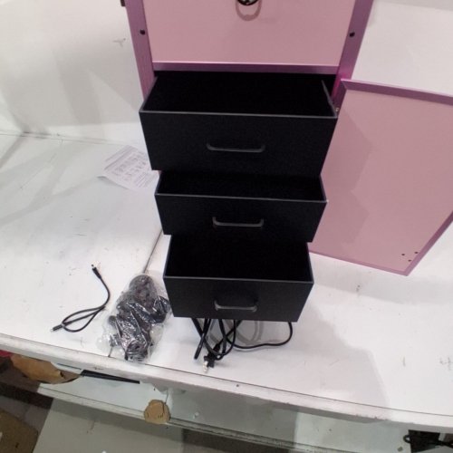ROLLING TRAVEL MANICURE MAKEUP 3 DRAWER TRUNK CASE WITH FOLDING TABLE, LED MIRROR AND BLUETOOTH SPEAKERS - PINK/BLACK image 7