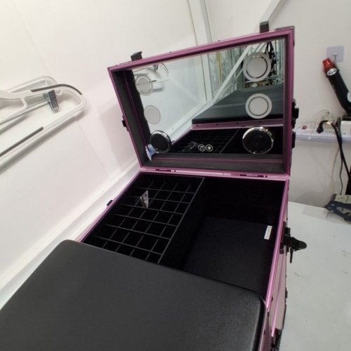 ROLLING TRAVEL MANICURE MAKEUP 3 DRAWER TRUNK CASE WITH FOLDING TABLE, LED MIRROR AND BLUETOOTH SPEAKERS - PINK/BLACK image 9