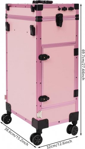 ROLLING TRAVEL MANICURE MAKEUP 3 DRAWER TRUNK CASE WITH FOLDING TABLE, LED MIRROR AND BLUETOOTH SPEAKERS - PINK/BLACK image 2