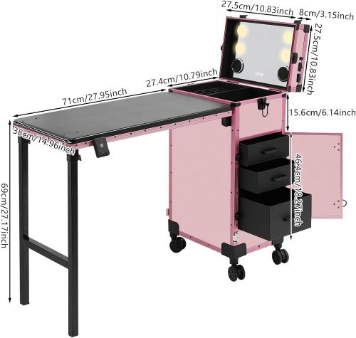 ROLLING TRAVEL MANICURE MAKEUP 3 DRAWER TRUNK CASE WITH FOLDING TABLE, LED MIRROR AND BLUETOOTH SPEAKERS - PINK/BLACK image 3