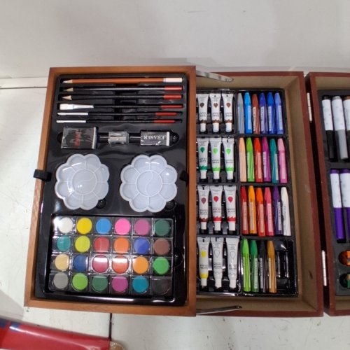 139PC KINSPORY ART SUPPLY SET IN WOODEN CASE - COLORED PENICLS, OIL OASTELS, PAINT AND MORE image 3