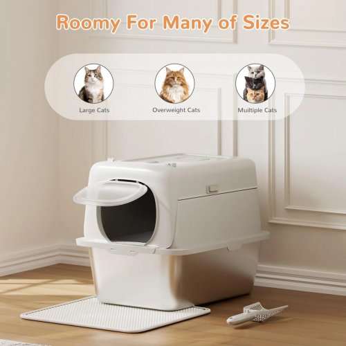GARVEE STAINLESS STEEL ENCLOSED CAT LITTER BOX WITH SCOOP AND LITTER MAT - XXL 16.2" X 24" X 17.5" - 50 L - GREY (MODEL: PPS_33EXRUVH) image 2