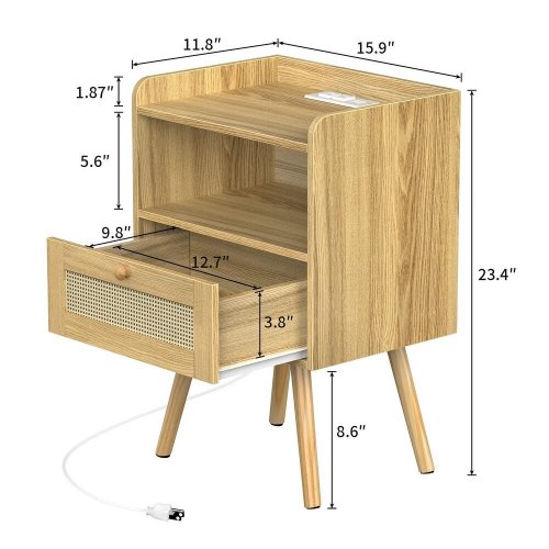 BEDSIDE TABLE WITH WICKER DRAWER AND CHARGING STATION - 23" - NATURAL image 2