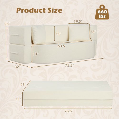GYMAX 2-IN-1 FOLDING SOFA BED WITH 2 COMFORTABLE PILLOWS - 75" - BEIGE image 2
