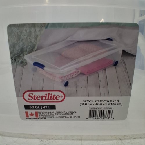 2PK STERILITE UNDERBED STORAGE BOX - 50 QT; 32 1/8" X 19 1/8" X 7" - CLEAR WITH BLUE ACCENTS (MODEL: 1927LAB04C) image 2