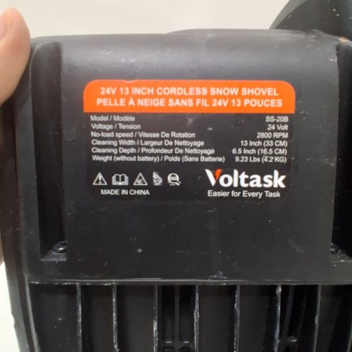VOLTASK CORDLESS ELECTRIC SNOW SHOVEL WITH 1 BATTERY AND CHARGER - 13" - 24V - BLACK/ORANGE (MODEL: SS-20B) image 4