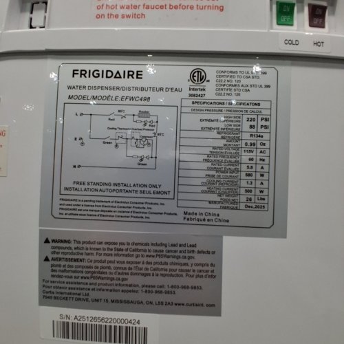 FRIGIDAIRE TOP-LOAD WATER COOLER/DISPENSER - FITS 3-5 GALLON BOTTLES - WHITE (MODEL: EFWC498) image 7