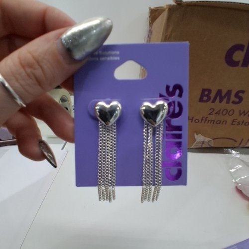 1PR GIRLS CLAIRE'S HEART CHAIN DROP EARRINGS - SILVER (STYLE: 90624-8) image 2