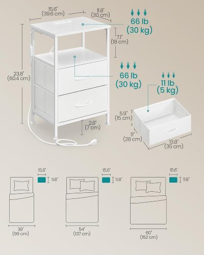 2PK SONGMICS BELLAH COLLECTION CHARGING STATION & APP CONTROLLER LIGHTING NIGHT STANDS - 15.6" X 11.8" X 23.8" - WHITE (MODEL: LGS202W101) image 2