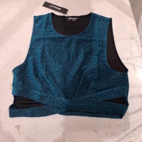 WOMEN'S ALLEGRA K GLITTER SLEEVELESS ROUND NECK CRISS CROSS CROP TOP - EXTRA LARGE - TEAL image 2