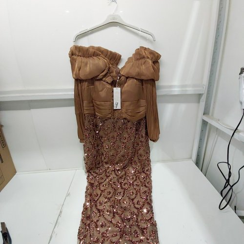 2PC VIA TORINO WOMENS OFF THE SHOULDER PLEATED SEQUINED EVENING GOWN - 48 - BROWN image 2