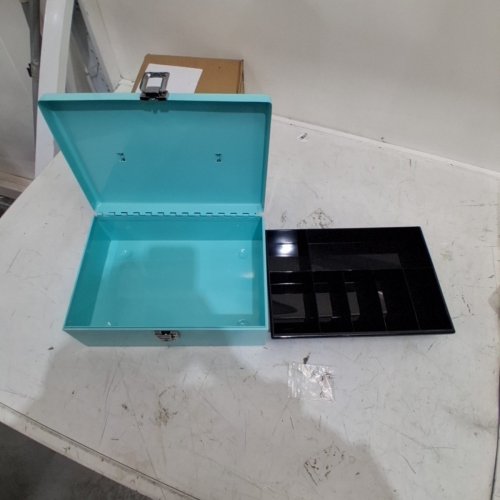 UNBRANDED METAL CASH BOX WITH MONEY TRAY & LOCK - 12" X 9" X 3" - LIGHT BLUE image 2