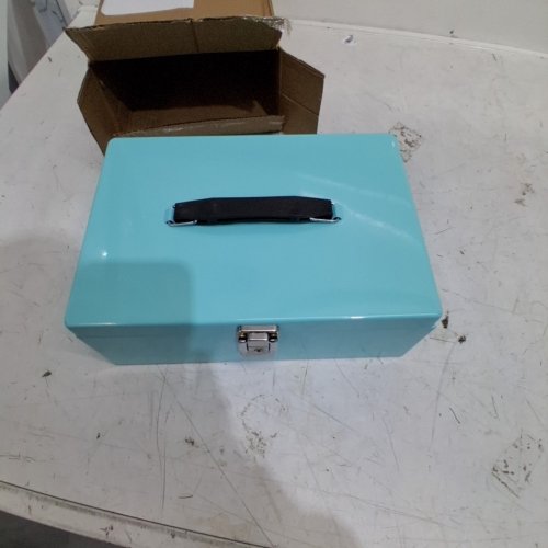 UNBRANDED METAL CASH BOX WITH MONEY TRAY & LOCK - 12" X 9" X 3" - LIGHT BLUE image 3