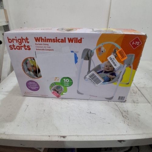 BRIGHT STARTS WHIMSICAL WILD PORTABLE COMPACT AUTOMATIC SWING WITH 10 MELODIES AND ADJUSTABLE HARNESS - MAX 20LBS - WHITE SAFARI ANIMALS (MODEL: 11803-MEES) image 5