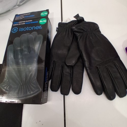MEN'S ISOTONER SMARTOUCH LEATHER GLOVES WITH STRETCH FLEECE PALM - EXTRA LARGE - BLACK image 2