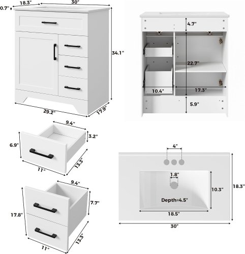 LIKIMIO BATHROOM VANITY WITH SINK, TIP-OUT DRAWER, 2 DRAWERS AND 1 DOOR - 34" - WHITE (MODEL: HK-KZXST-20) *(PLEASE SEE PHOTOS)* image 2