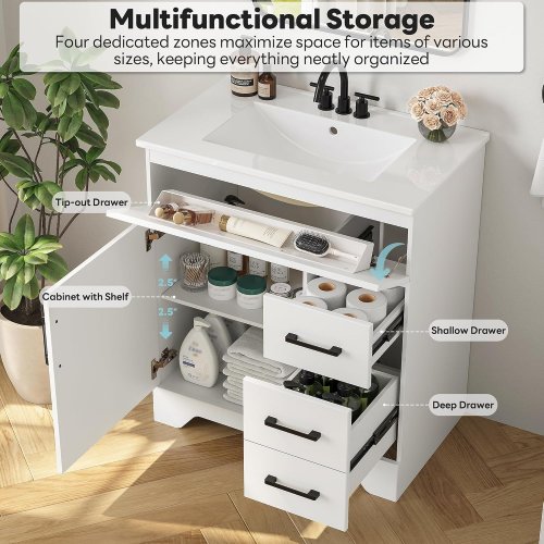LIKIMIO BATHROOM VANITY WITH SINK, TIP-OUT DRAWER, 2 DRAWERS AND 1 DOOR - 34" - WHITE (MODEL: HK-KZXST-20) *(PLEASE SEE PHOTOS)* image 3