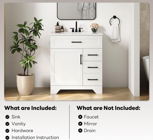 LIKIMIO BATHROOM VANITY WITH SINK, TIP-OUT DRAWER, 2 DRAWERS AND 1 DOOR - 34" - WHITE (MODEL: HK-KZXST-20) *(PLEASE SEE PHOTOS)* image 4
