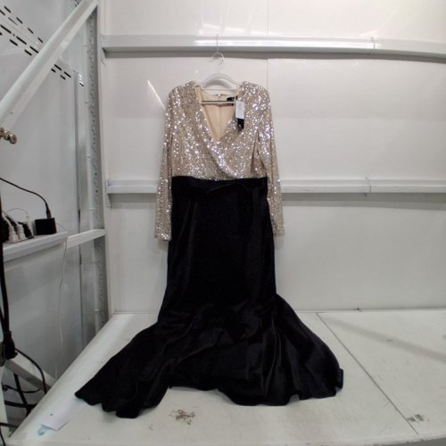 WOMEN'S XSCAPE LONG SLEEVE SEQUIN EVENING DRESS - 14 - BLACK/NUDE/CHAMPAGNE (STYLE: XC399A) image 2