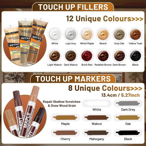 REHOUPTY WOOD FURNITURE AND LAMINATE FLOOR REPAIR KIT WITH WOOD PUTTY, FILLER, MARKERS, AND BEESWAX (MODEL: REXBG002) image 7
