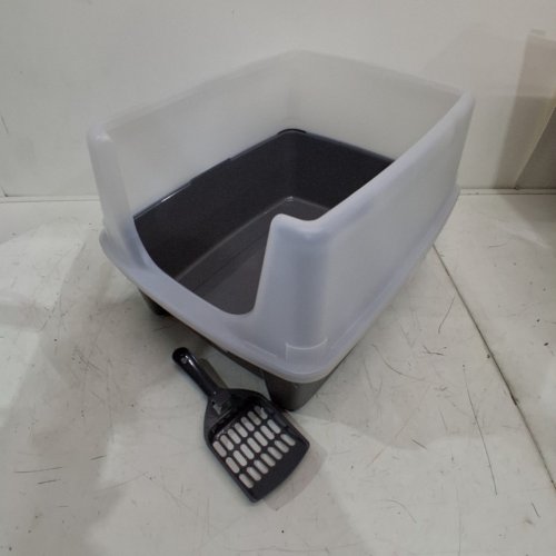 IRIS USA LARGE OPEN TOP CAT LITTER BOX WITH SCATTER SHIELD AND SCOOP - 19" X 15" X 11.8" - GREY/CLEAR - (MODEL: 301755) image 2
