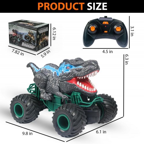 KIDS ZDCZ RC REMOTE CONTROL MONSTER TRUCK WITH SPRAY, SOUND, AND LIGHT - GREY/BLUE DINOSAUR image 2
