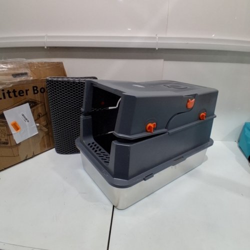 COVERED CAT LITTER BOX WITH DOOR, SCOOP AND MAT - GREY image 2