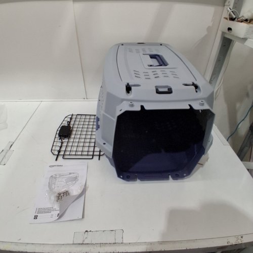 AMAZON BASICS TWO-DOOR TOP-LOAD HARD-SIDED PET TRAVEL KENNEL CARRIER CRATE FOR CATS OR DOGS - 23" - GREY/BLUE image 2