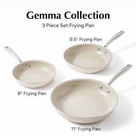 3PC RED CHEF CERAMIC NON-STICK PANS GEMMA EDITION - 8" - 9.5" - 11" - CREAM/SILVER image 3