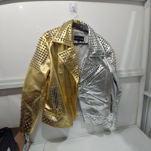 MEN'S REVELT LEATHER STUDDED SPLIT LEATHER JACKET - 3XL - GOLD / SILVER image 2