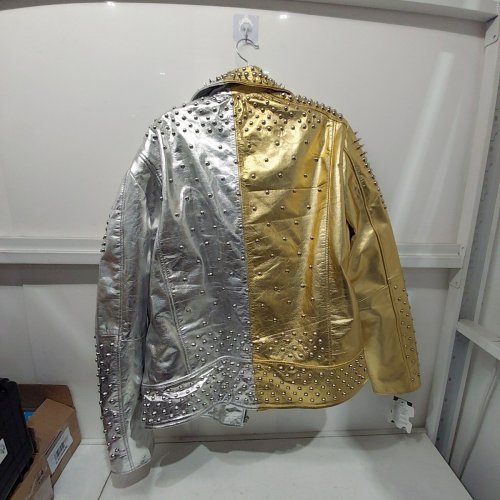 MEN'S REVELT LEATHER STUDDED SPLIT LEATHER JACKET - 3XL - GOLD / SILVER image 4